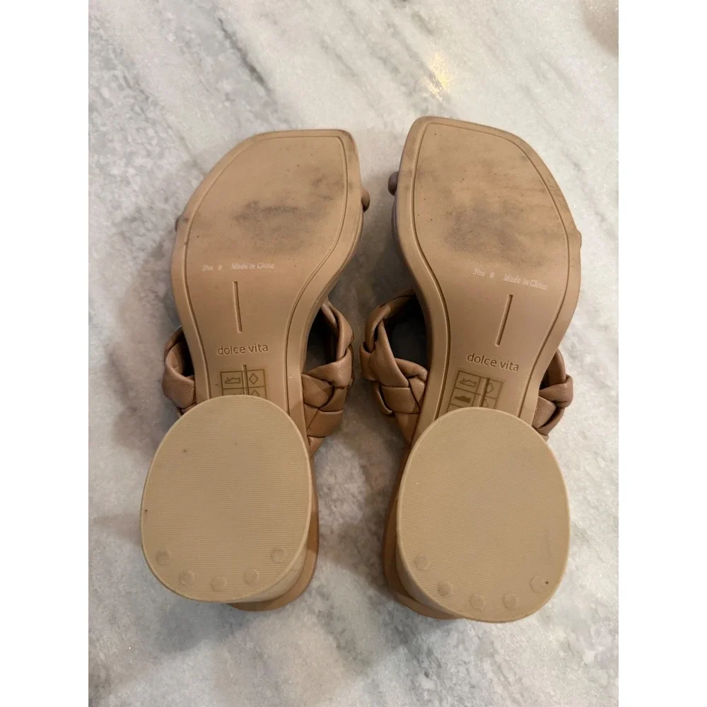 Dolce Vita Paily Braided‎ Block Heel Sandals Tan Nude Square Toe Mule Size 9